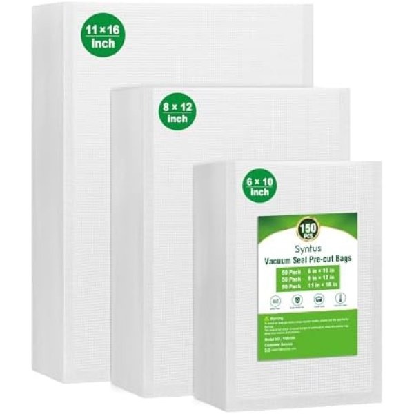 Syntus Vacuum Sealer Bags, 150 Gallon 11" x 16" and Quart 8" x 12" and Pint 6"