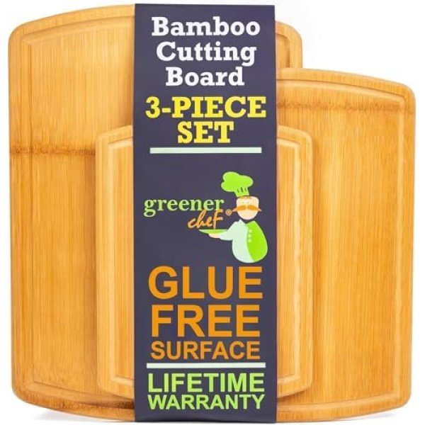 Greener Chef No Glue Bamboo Cutting Board Set of 3 with Lifetime Replacements