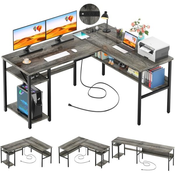 Unikito Reversible L Shaped Desk with Magic Power Outlets and USB Charging