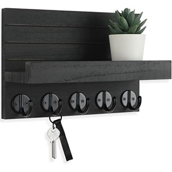 Key Holder for Wall, Decorative Key and Mail Holder with Shelf Has Large Hooks