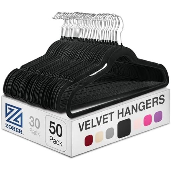 Zober Velvet Hangers 50 Pack - Heavy Duty Black Hangers